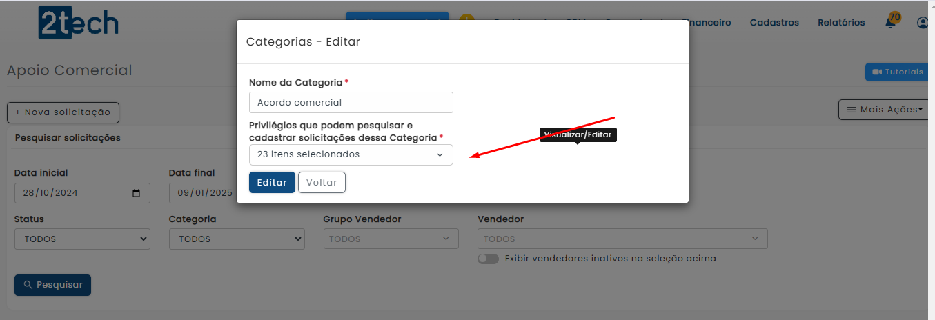 Novidades e Melhorias do 2tech - Janeiro 2025 - Gerenciamento de Status e Categorias da Esteira de Apoio Comercial 3