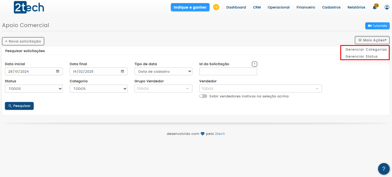 Novidades e melhorias do 2tech - Configuração de Categoria e Status no Apoio Comercial