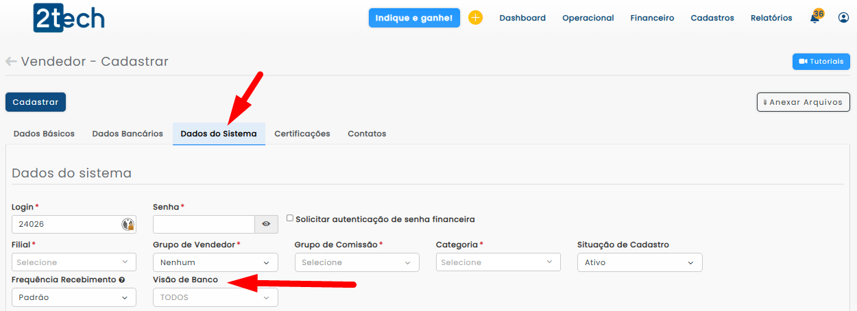 Novidades e Melhorias do 2tech – Março 2025 - Visão de Banco no cadastro/edição de vendedores: