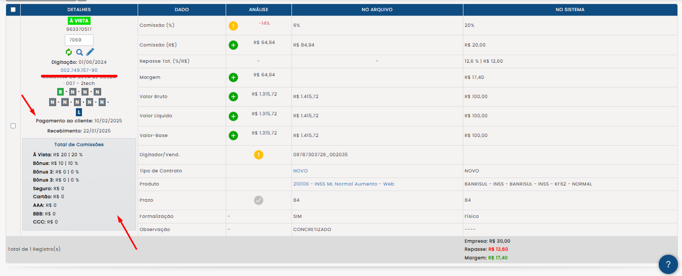 detalhamento importação de comissão
