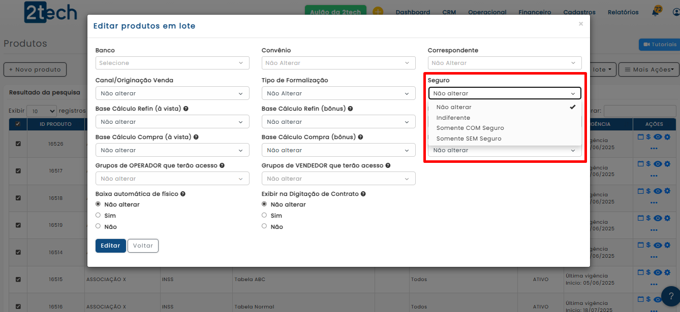 Alteração em lote dos seguros